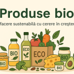 Ilustrație cu produse bio: miere, ulei, legume și cosmetice naturale