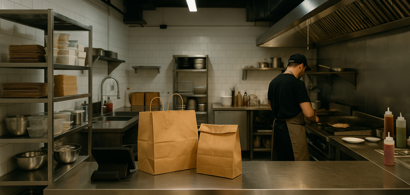 Bucătărie-delivery modernă, utilată profesional, pregătită pentru livrare de mâncare