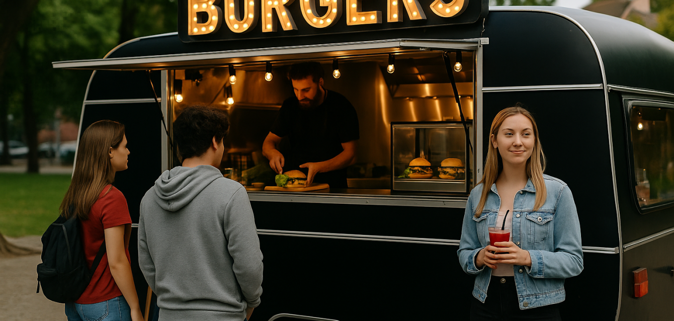 Food truck modern servind burgeri artizanali și smoothie-uri clienților